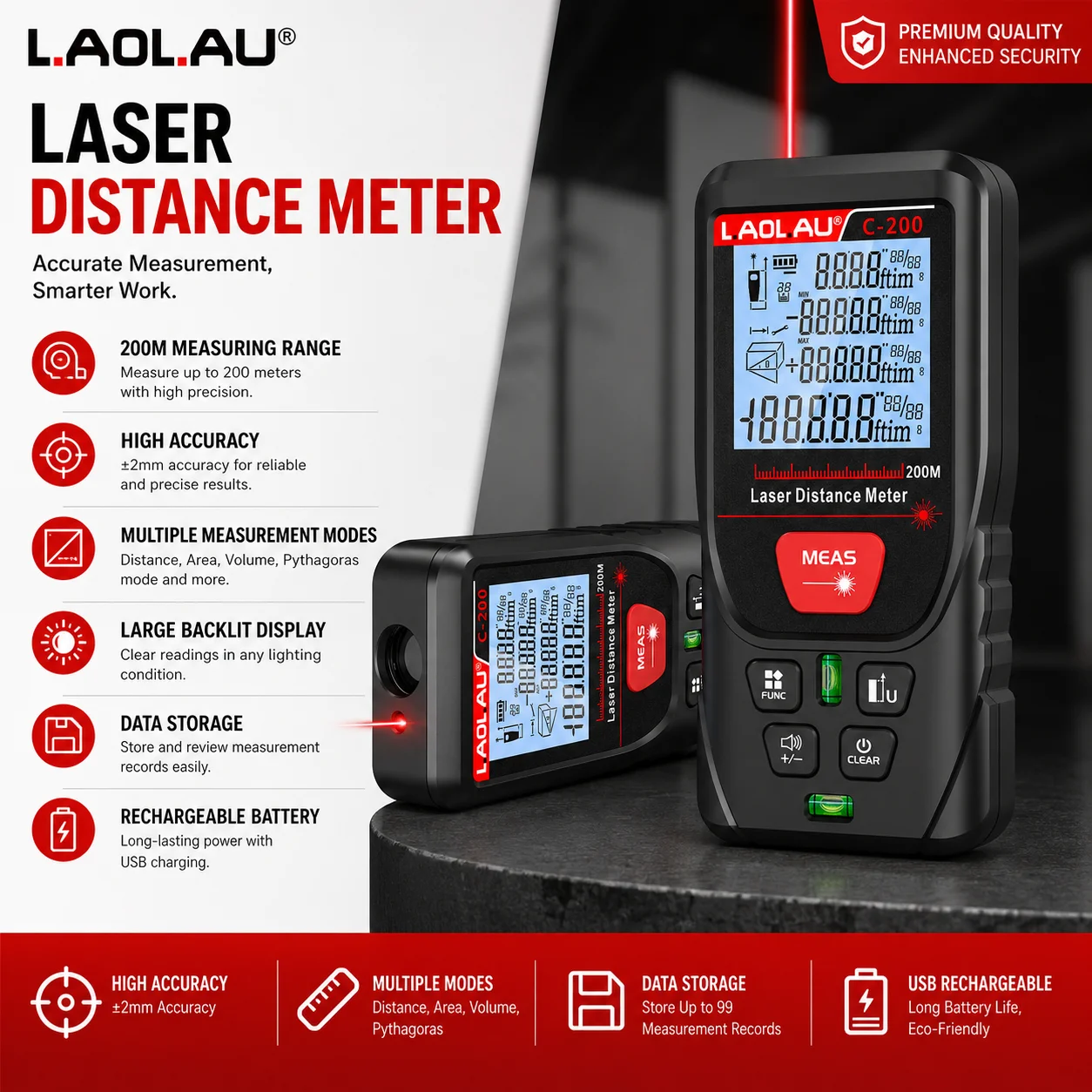 Power Tools Red - LAOLAU Cyfrowy laserowy dalmierz z czerwonym/zielonym