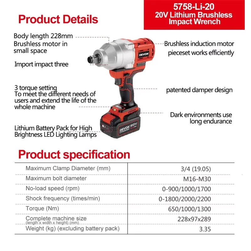 Klucz udarowy Devon 20V o duży – Power Tools Battery recenzja i cena